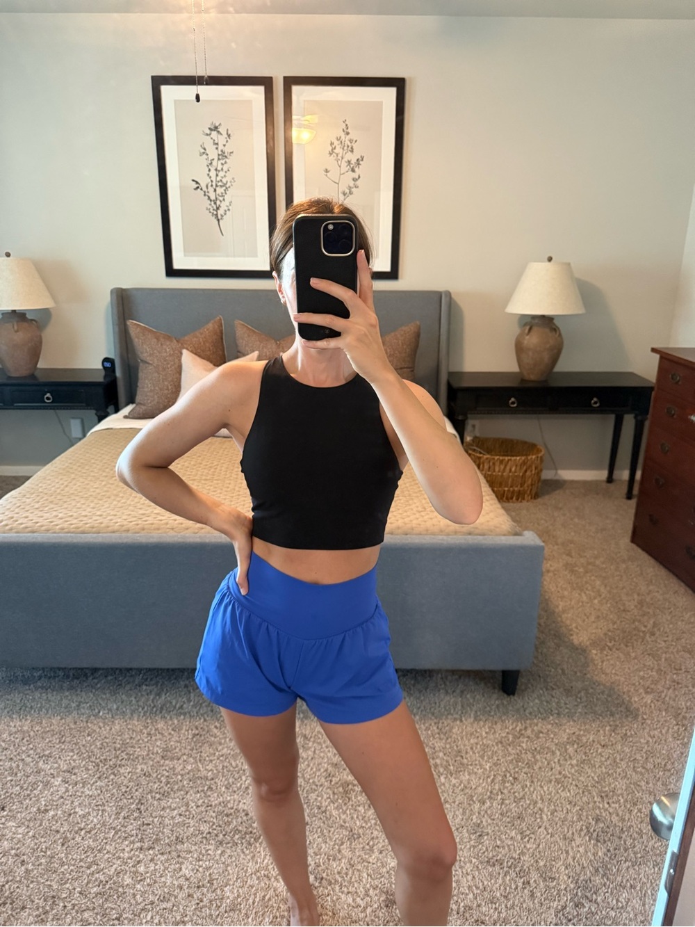 Black Cropped Athletic Tank with Electric Blue Running Shorts